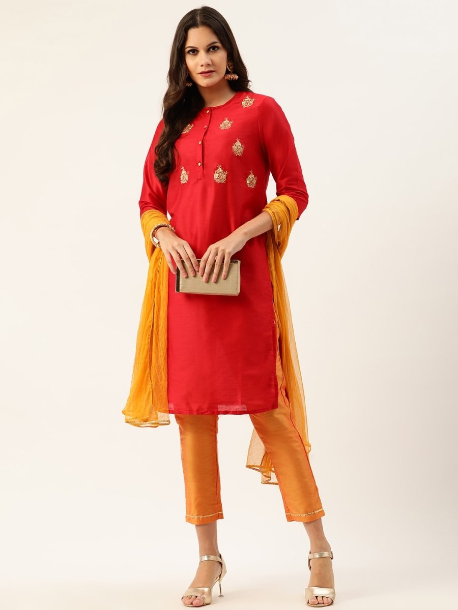All About You Women Red & Orange Embroidered Yoke Design Kurta set with Dupatta | Grocsy