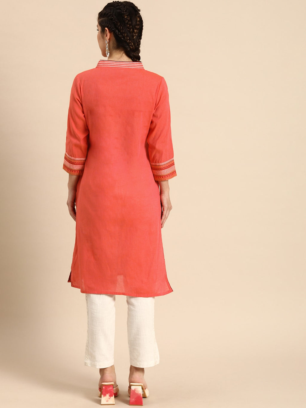 Sangria Women Coral Orange Solid Pure Cotton Kurta | Grocsy