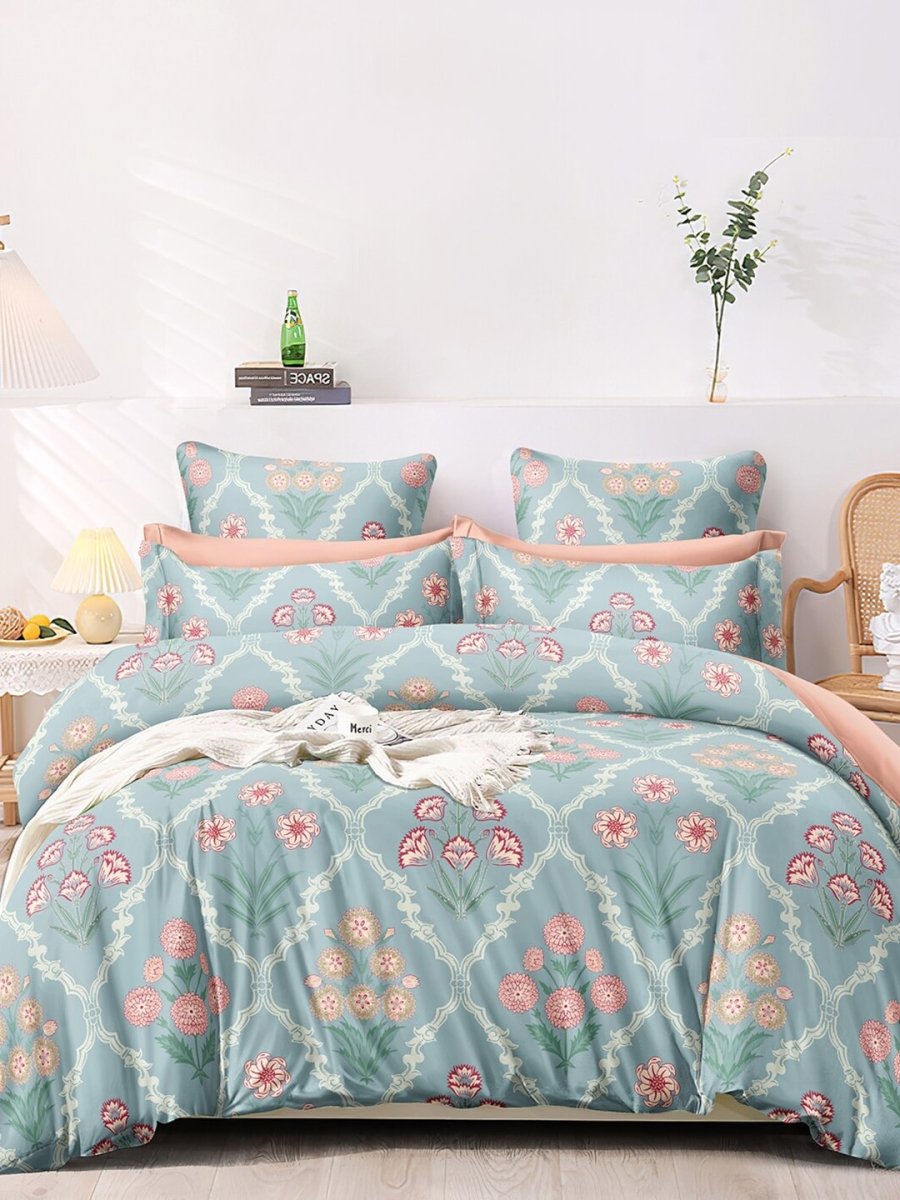 AEROHAVEN Premium Blue & Pink Ethnic Motifs Cotton 300 TC King Bedsheet & 2 Pillow Covers | Grocsy