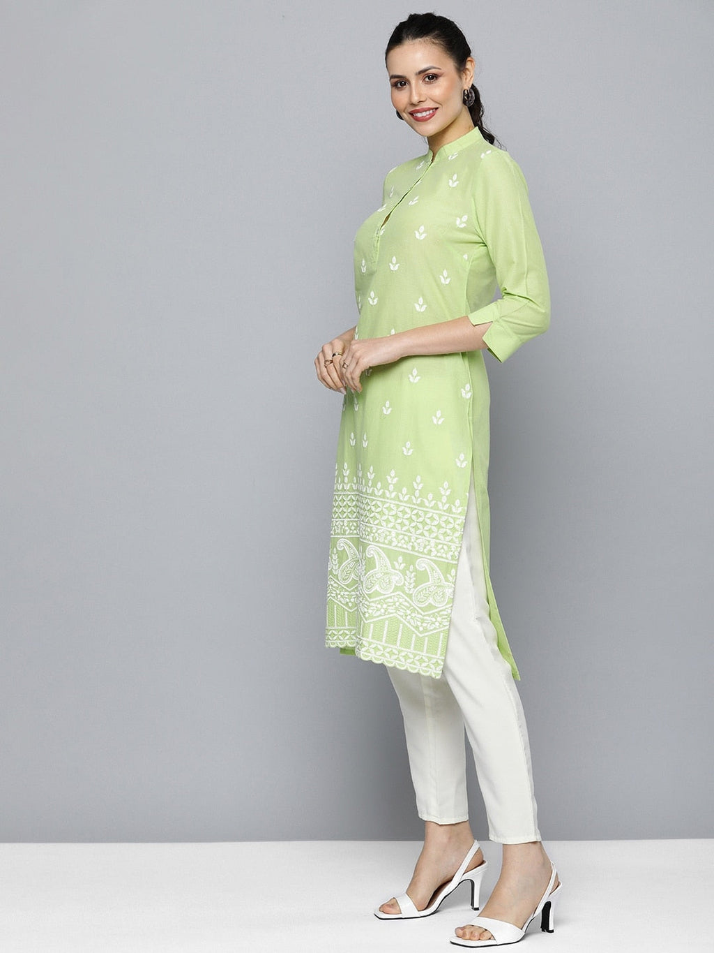 HERE&NOW Women Pure Cotton Ethnic Motifs Embroidered Thread Work Kurta | Grocsy