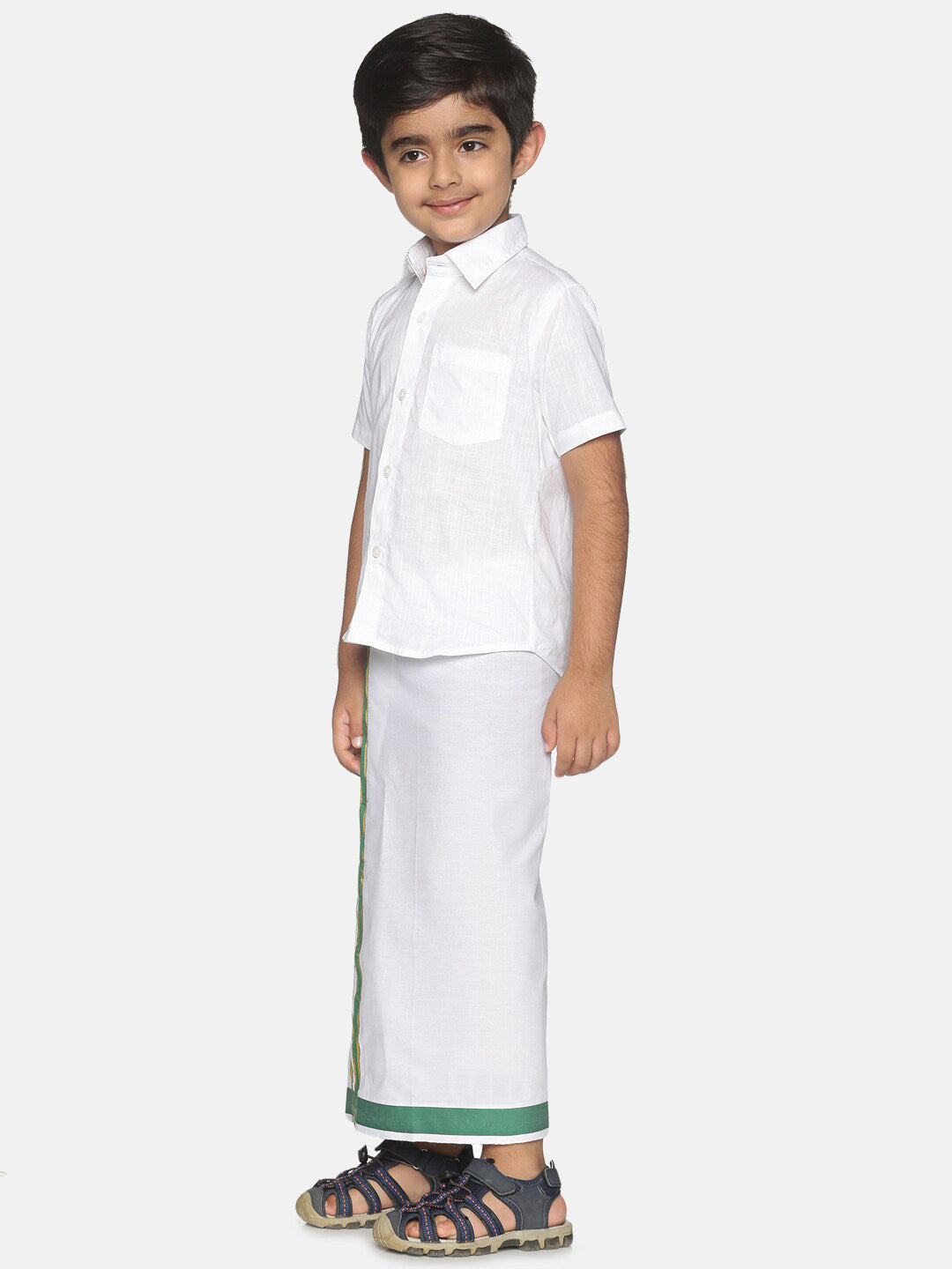 Sethukrishna Boys White & Green Pure Cotton Shirt with Dhoti | Grocsy