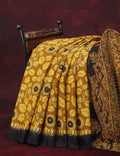 Mustard Yellow And Chikoo Coloured Block Print Handloom Mulmul Cotton Saree By Gayathri Reddy Designer Studio | Grocsy