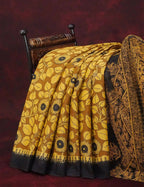 Mustard Yellow And Chikoo Coloured Block Print Handloom Mulmul Cotton Saree By Gayathri Reddy Designer Studio | Grocsy