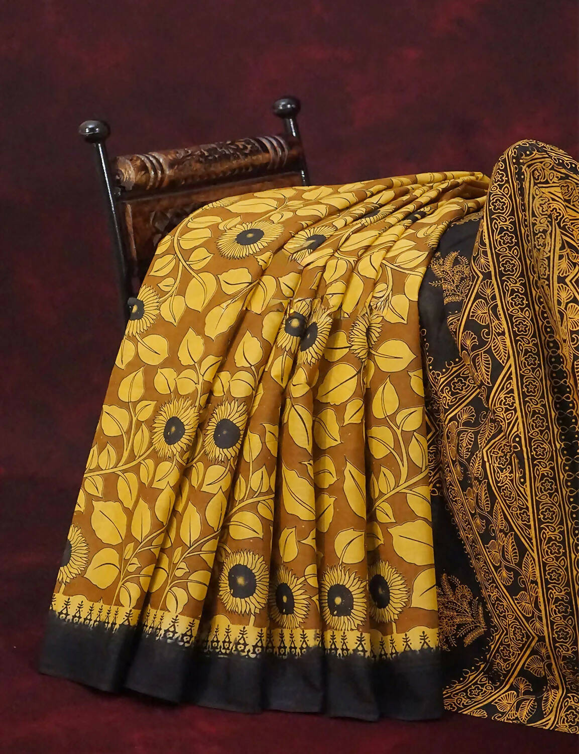 Mustard Yellow And Chikoo Coloured Block Print Handloom Mulmul Cotton Saree By Gayathri Reddy Designer Studio | Grocsy