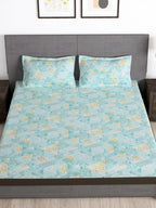 Story@home Arena Blue & Gold-Toned Printed 180 TC Bedsheet & Pillow Covers | Grocsy
