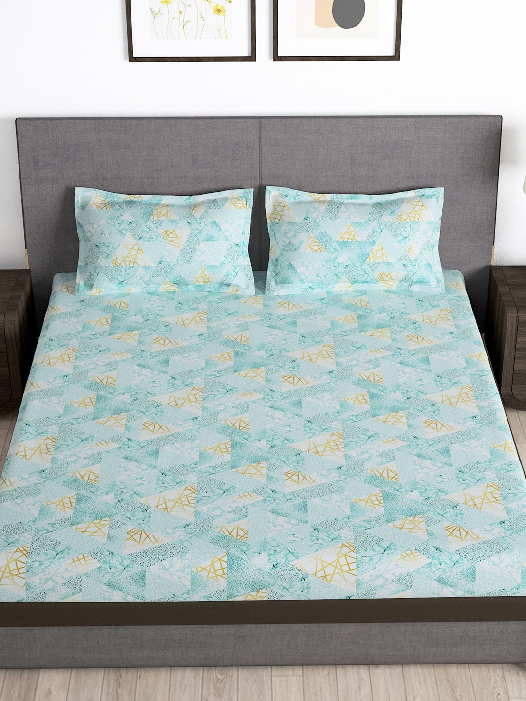 Story@home Arena Blue & Gold-Toned Printed 180 TC Bedsheet & Pillow Covers | Grocsy