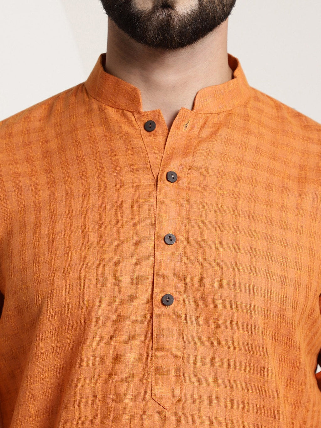 Sojanya Men Orange Dobby Self-Checked Straight Kurta | Grocsy