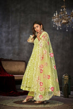 Jyoti Fashion Women's Pista Net Embroidered Anarkali Kurta Pant Set With Dupatta | Grocsy