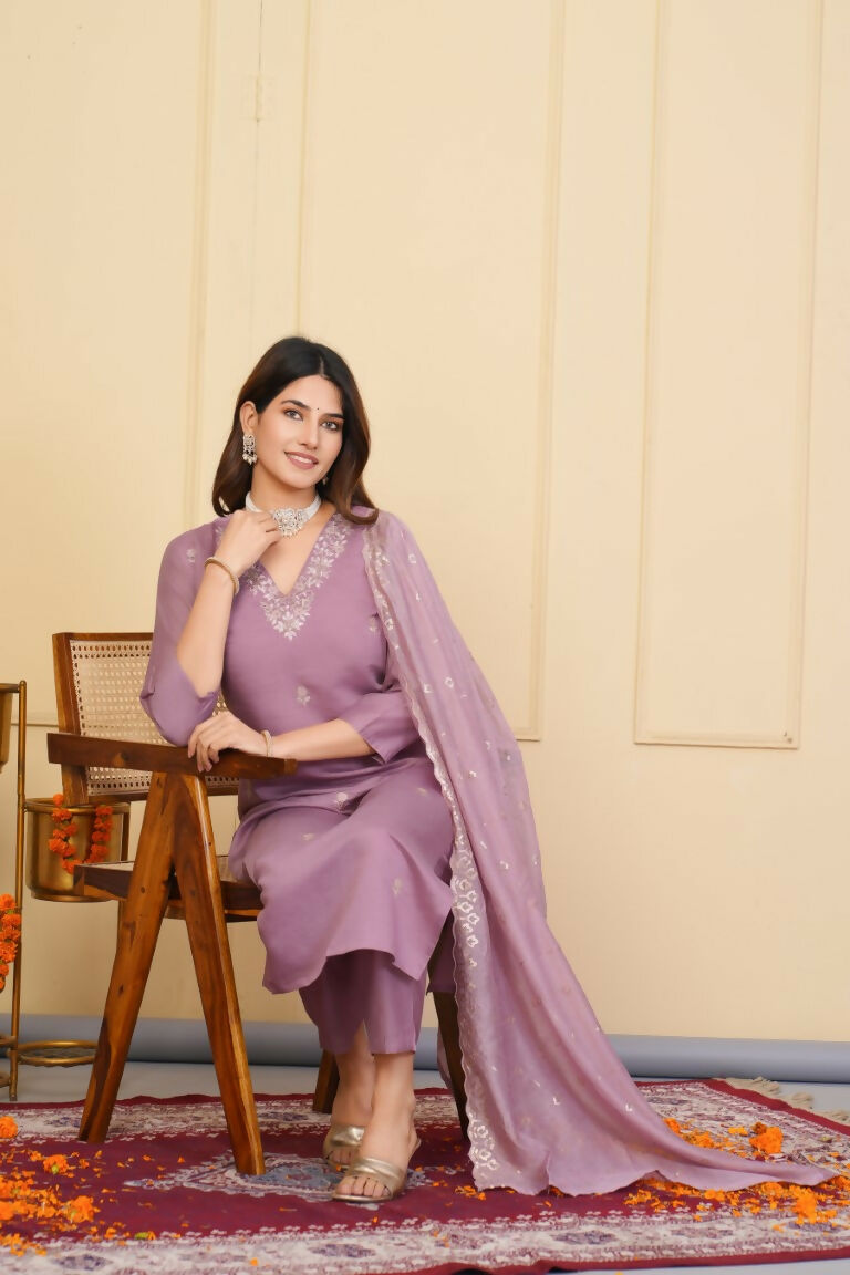 Wine Viscose Chanderi Embroidered Stitched Suit With Dupatta - Tanisha | Grocsy