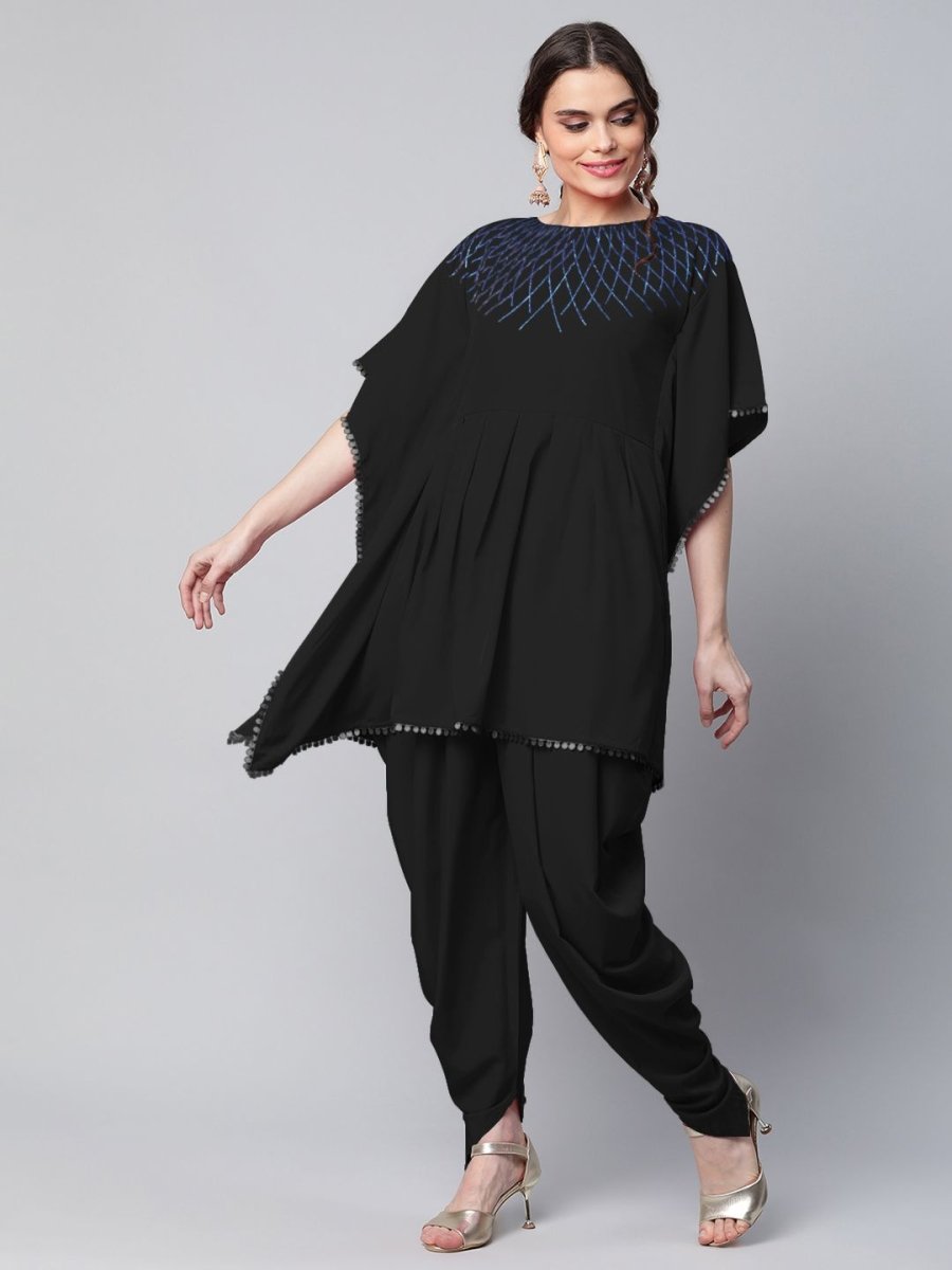 Ahalyaa Women Black Crepe Glitter Printed Kurta with Dhoti Pants | Grocsy