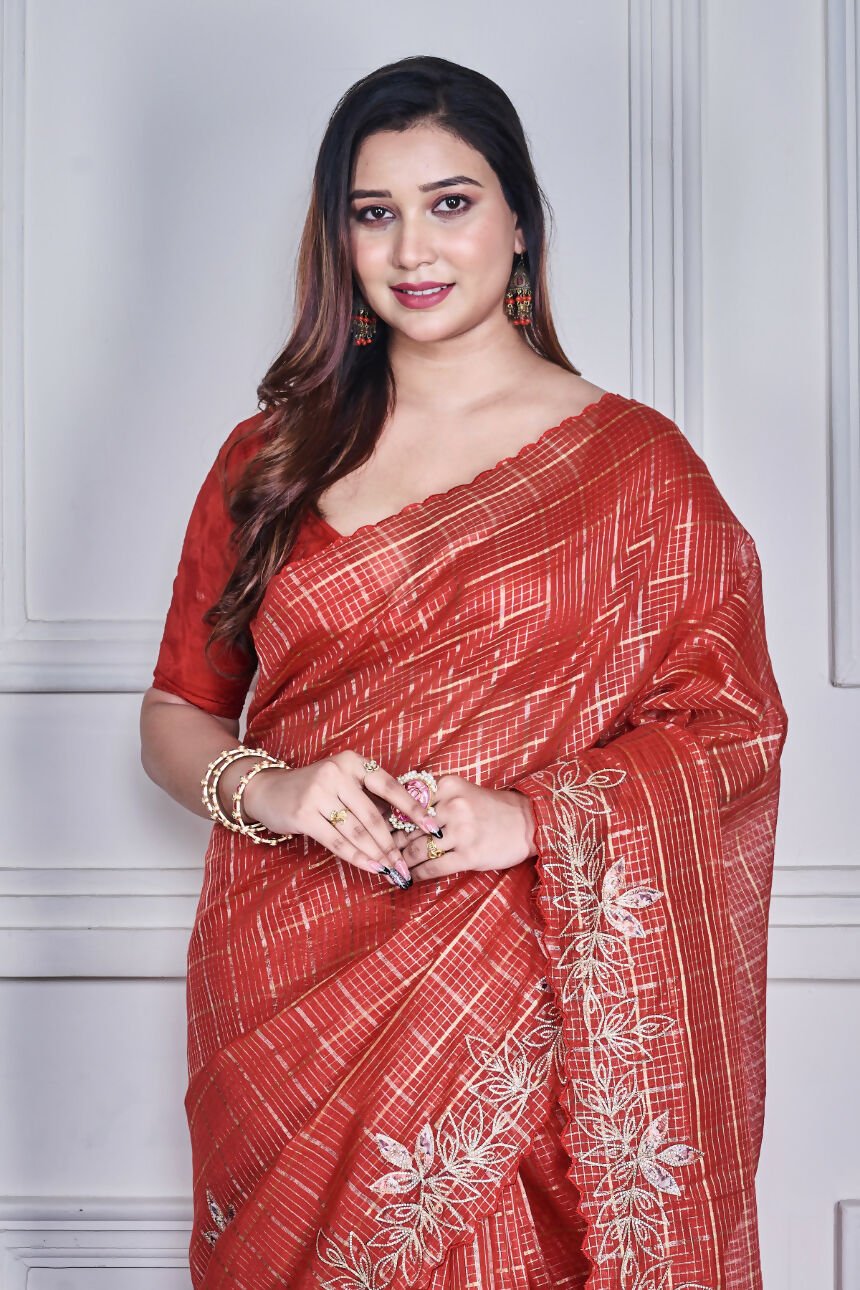Morchari Red Kota Check Zari Embroidery Saree Unstitched Blouse | Grocsy
