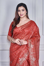 Morchari Red Kota Check Zari Embroidery Saree Unstitched Blouse | Grocsy