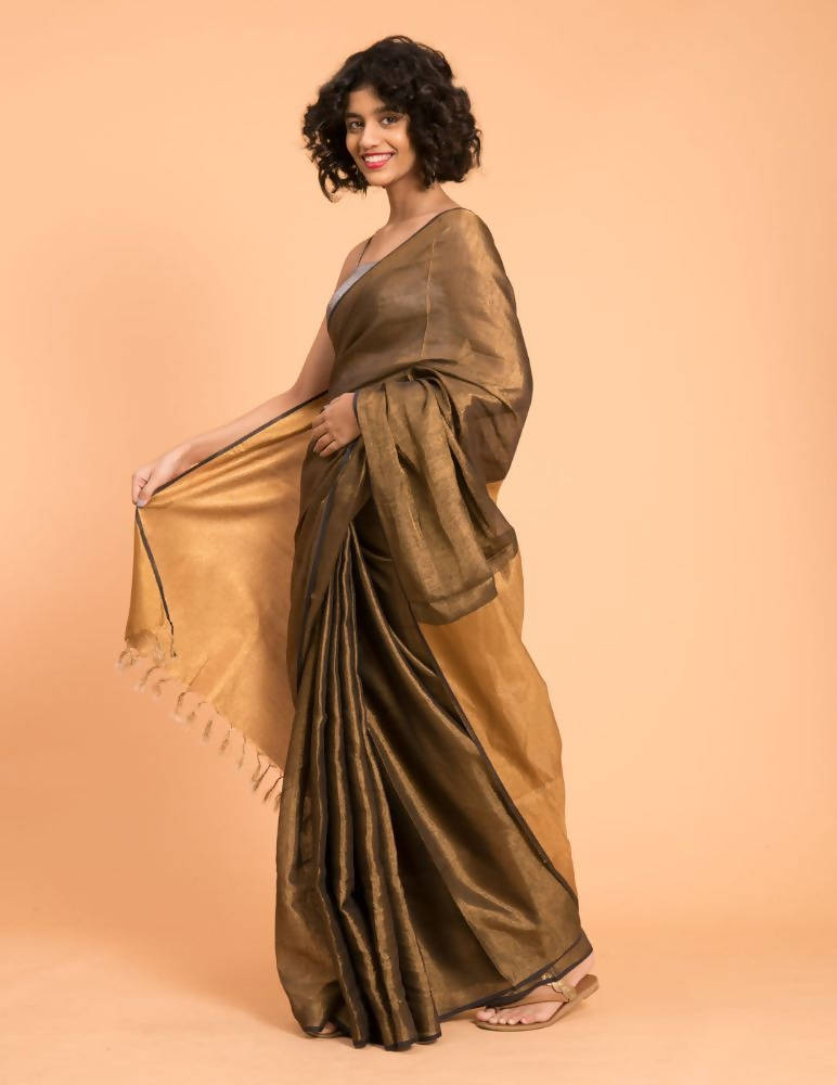 Suta Black Gold Woven Design Zari Pure Linen Saree | Grocsy