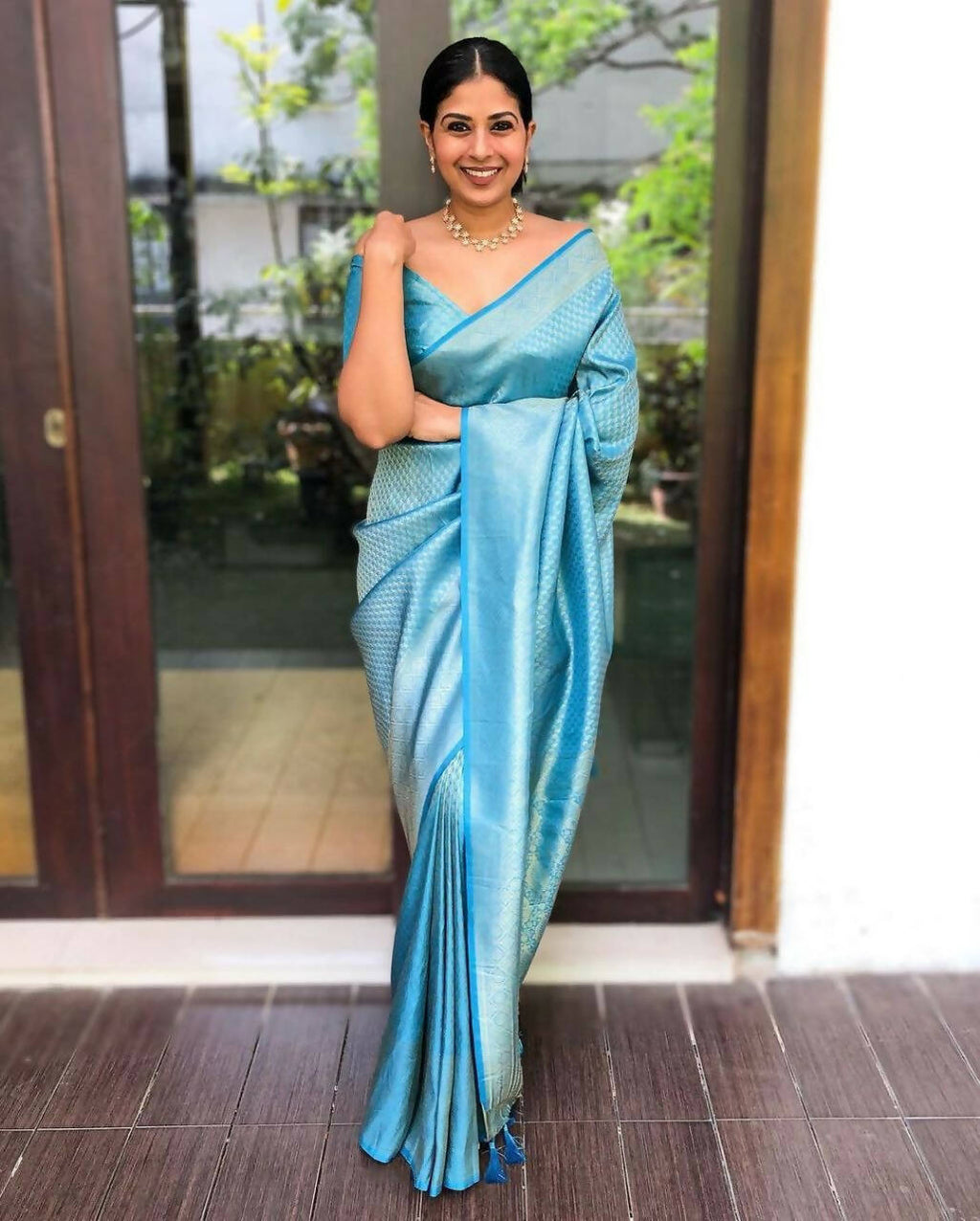 DEIANA'S Beautiful Designer Golden zari Soft Lichi Silk Saree - Sky | Grocsy