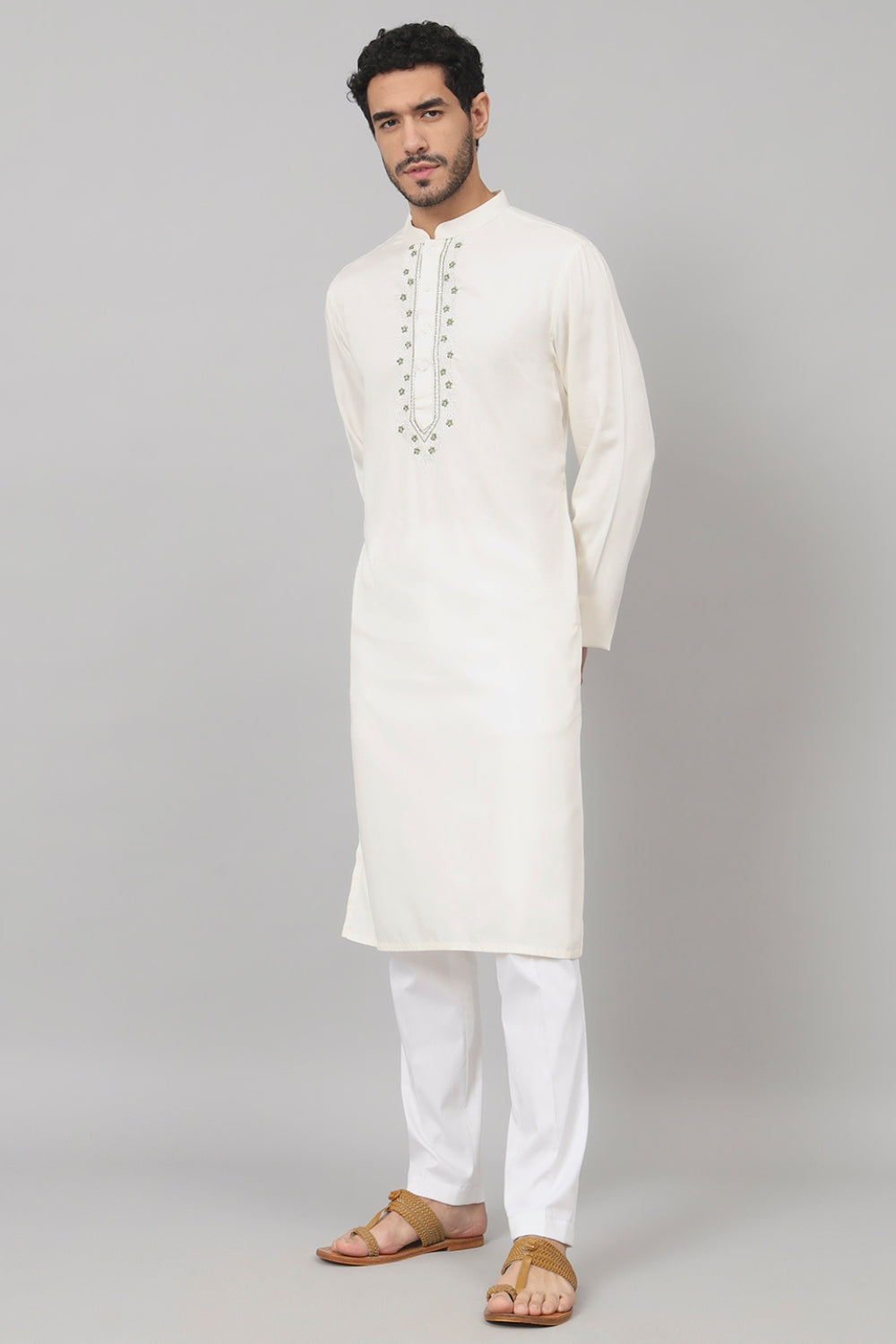 Floral Neckline Embroidered Cotton Kurta by Hilo Design | Grocsy