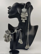 Tehzeeb Creations Women's Silver Colour Oxidised Earring With Hair Chain | Grocsy