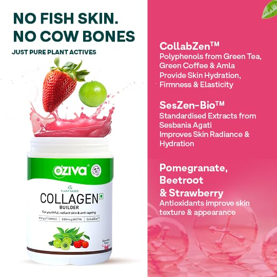 OZiva Vegan Collagen (Watermelon) with Biotin & Vitamin C For Brighter & Youthful Skin | Collagen Supplement For Women & Men | Plant Based Powder | Certified Vegan 125g + Shaker | Grocsy