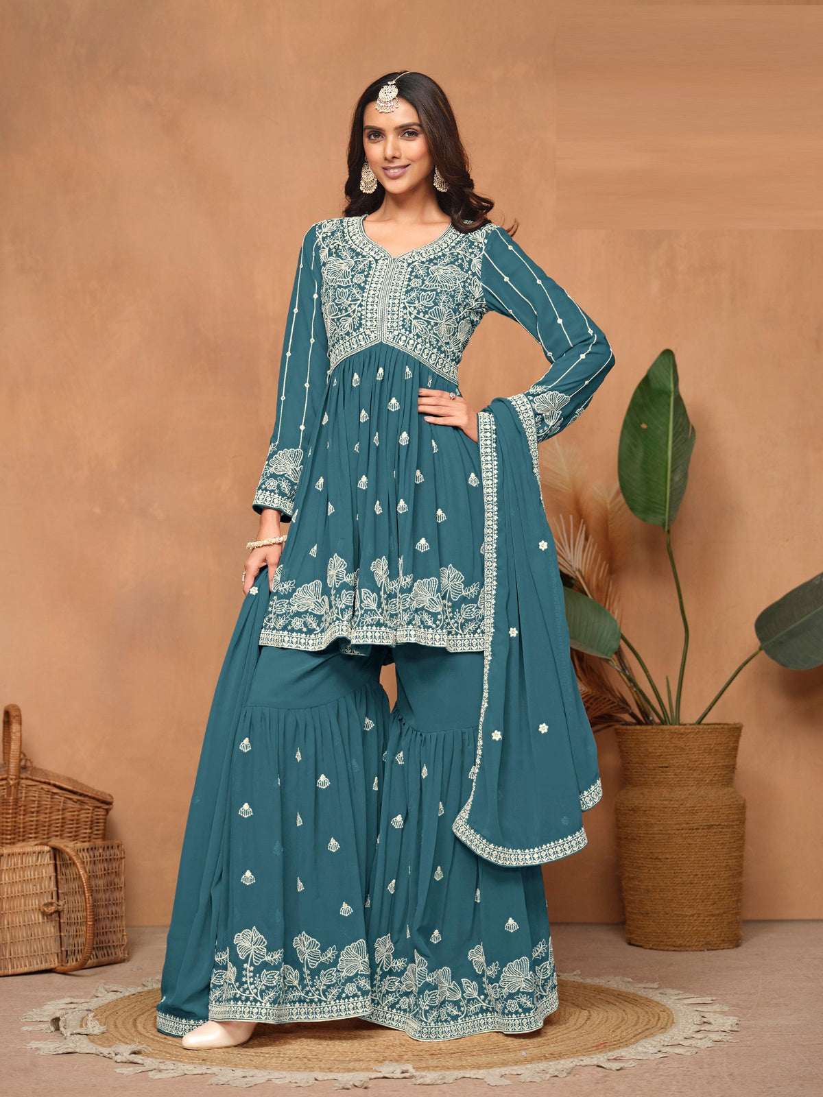 Anaita Teal Embroidered Faux Georgette Sharara Suit | Grocsy
