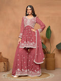 Anaita Brown Embroidered Faux Georgette Sharara Suit | Grocsy