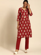 All About You Women Red Floral Printed Pure Cotton Regular Kurta with Trousers | Grocsy