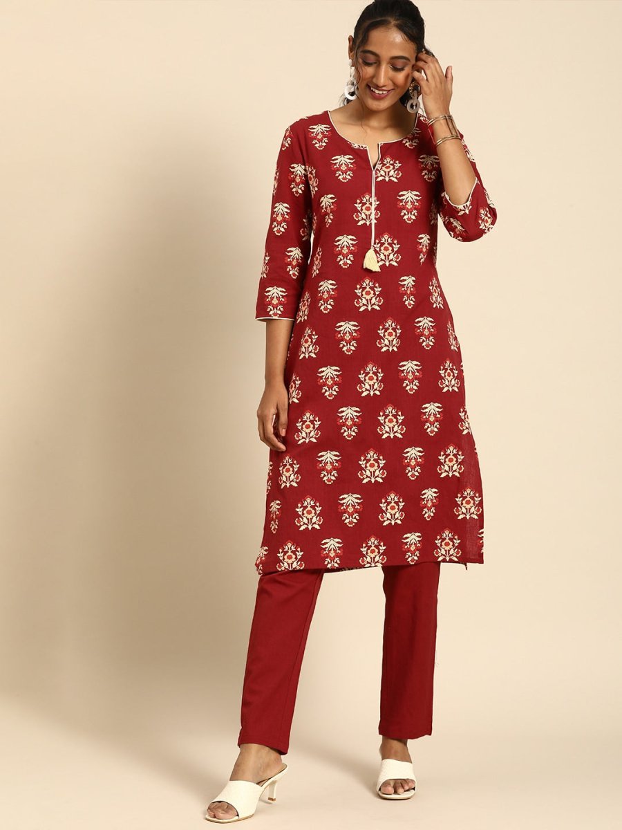 All About You Women Red Floral Printed Pure Cotton Regular Kurta with Trousers | Grocsy