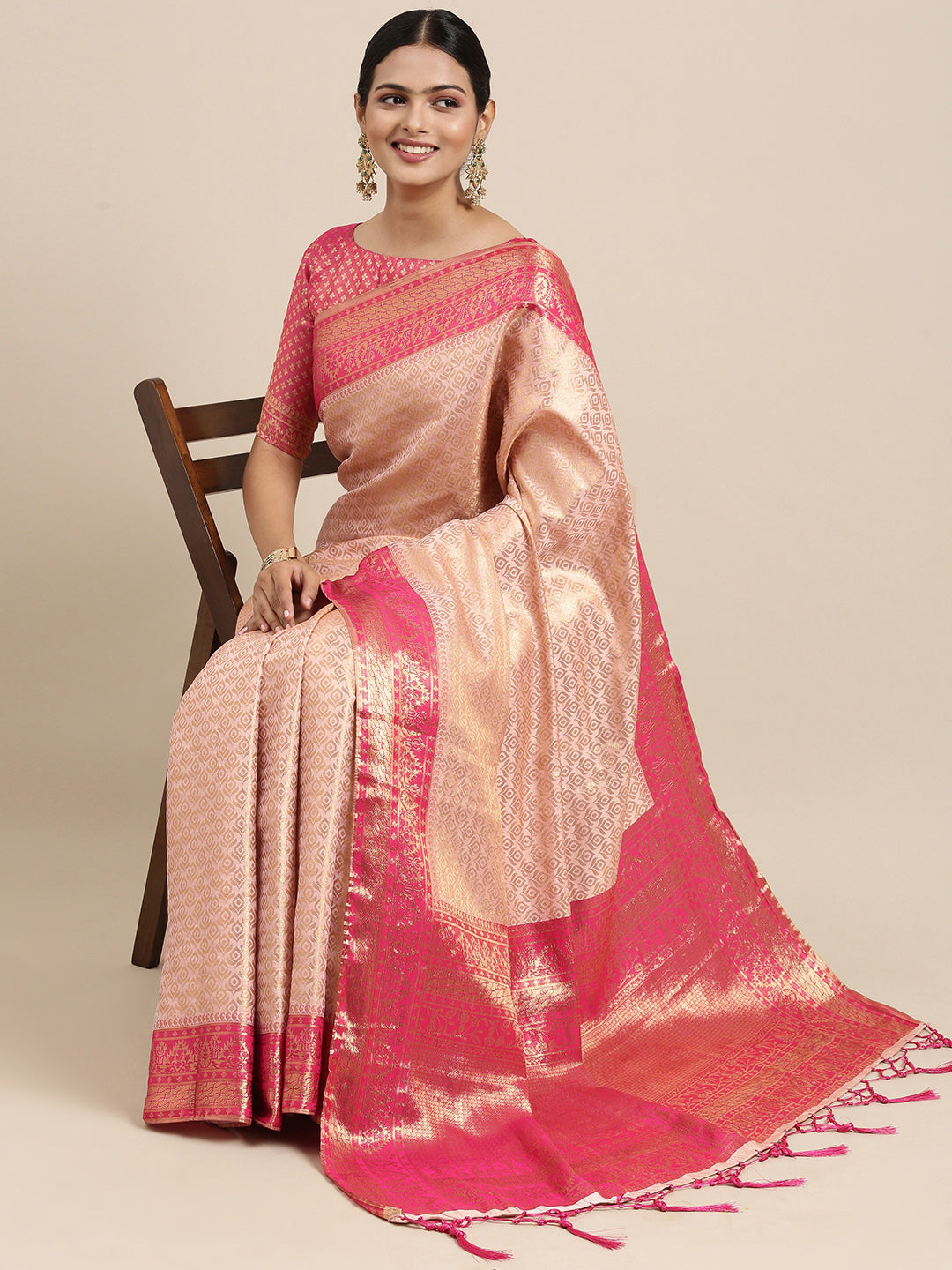 Saree Mall Peach-Coloured Ethnic Motifs Zari Silk Blend Banarasi Saree | Grocsy