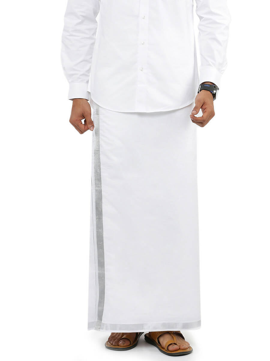 Ramraj Cotton Mens Pure Cotton 1" Silver Jari Dhoti - White | Grocsy