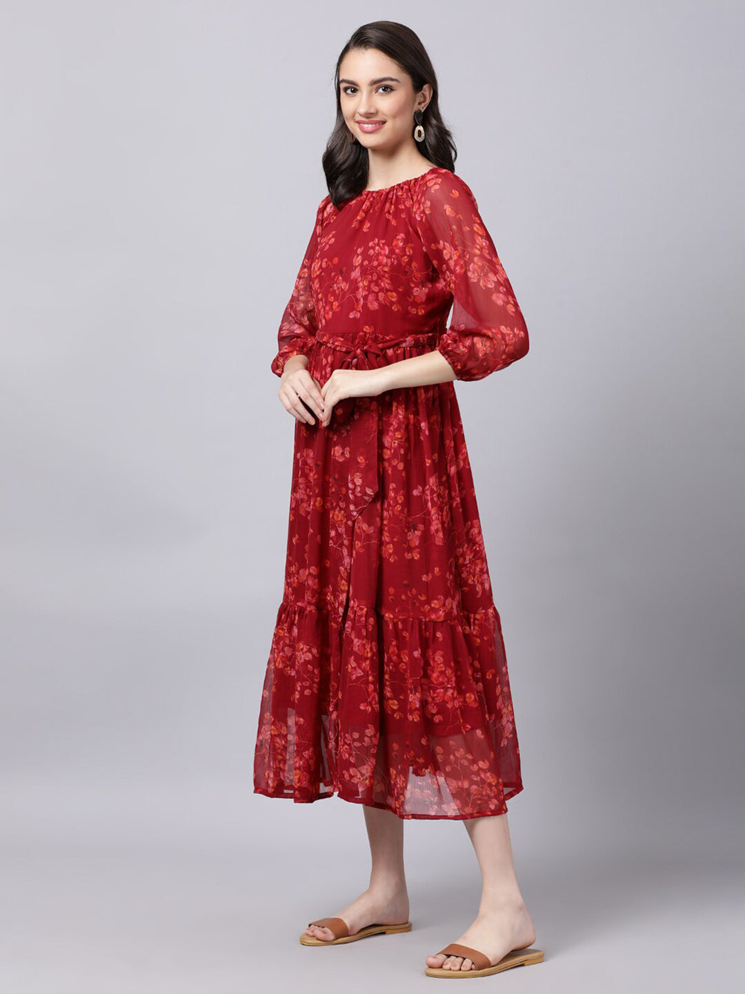 Souchii Maroon Floral Layered Chiffon A-Line Midi Dress | Grocsy