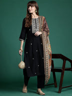 Indo Era Ethnic Motifs Zari Embroidered Liva Kurta With Trousers & Dupatta | Grocsy
