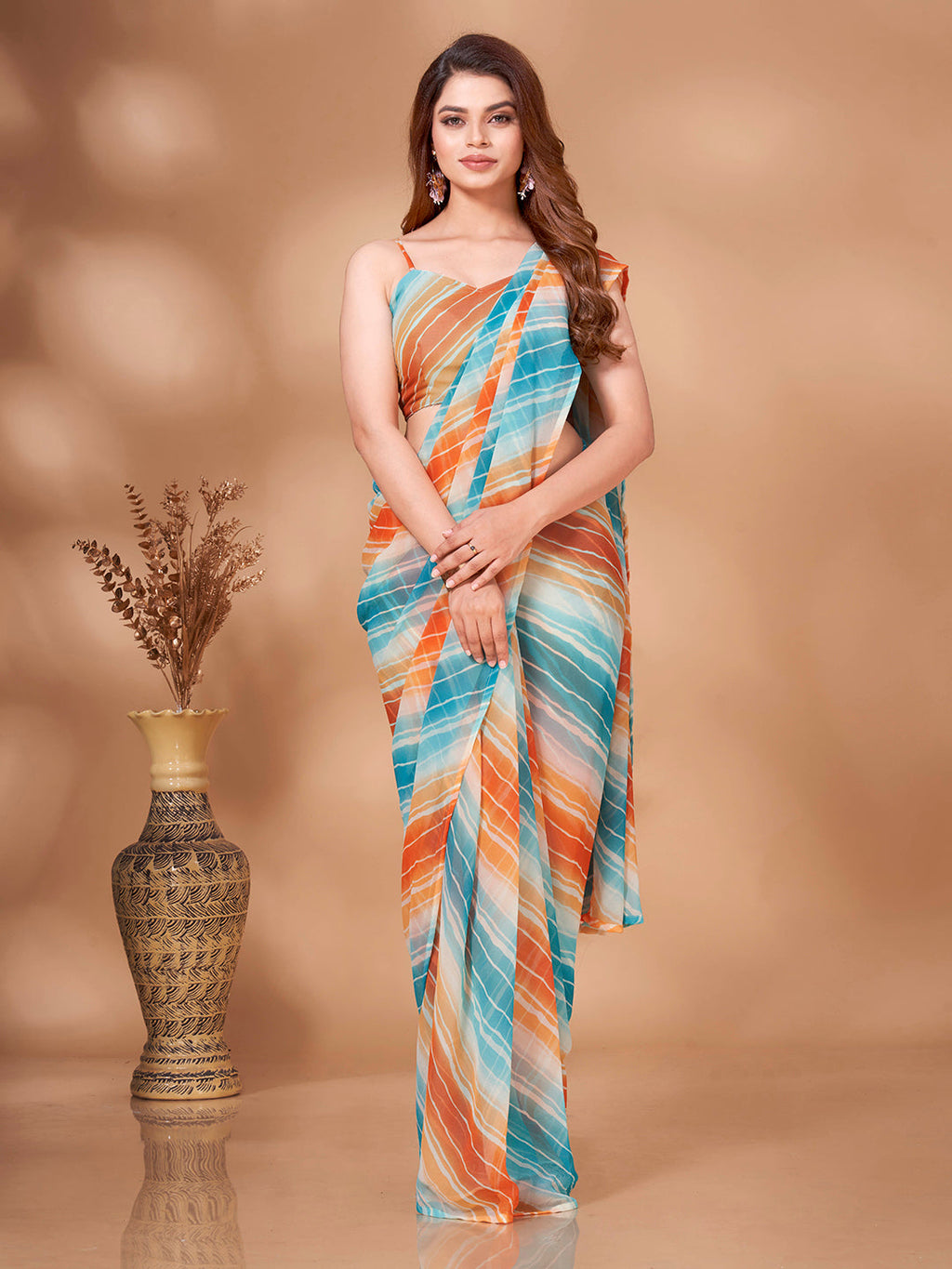Tikhi Imli Striped Georgette Leheriya Ready to Wear Saree | Grocsy