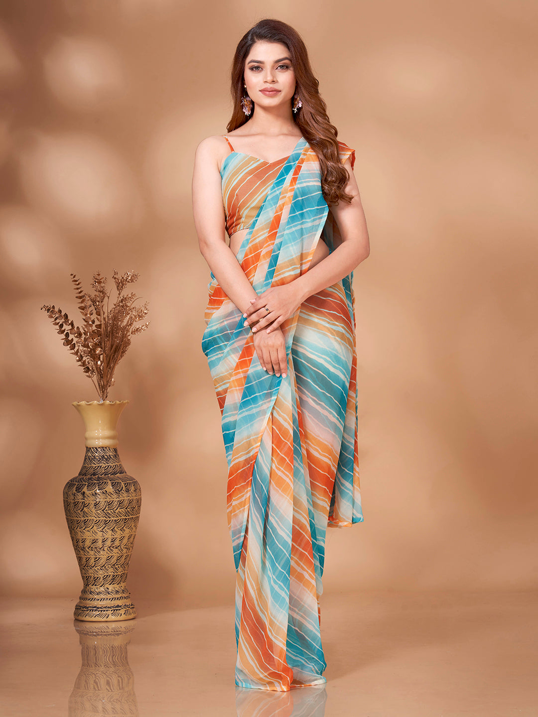 Tikhi Imli Striped Georgette Leheriya Ready to Wear Saree | Grocsy