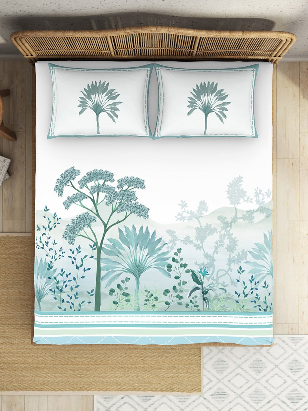 SPACES Kalakari Haath Teal Green Print Pure Cotton 210 TC King Bedsheet & 2 Pillow Covers | Grocsy