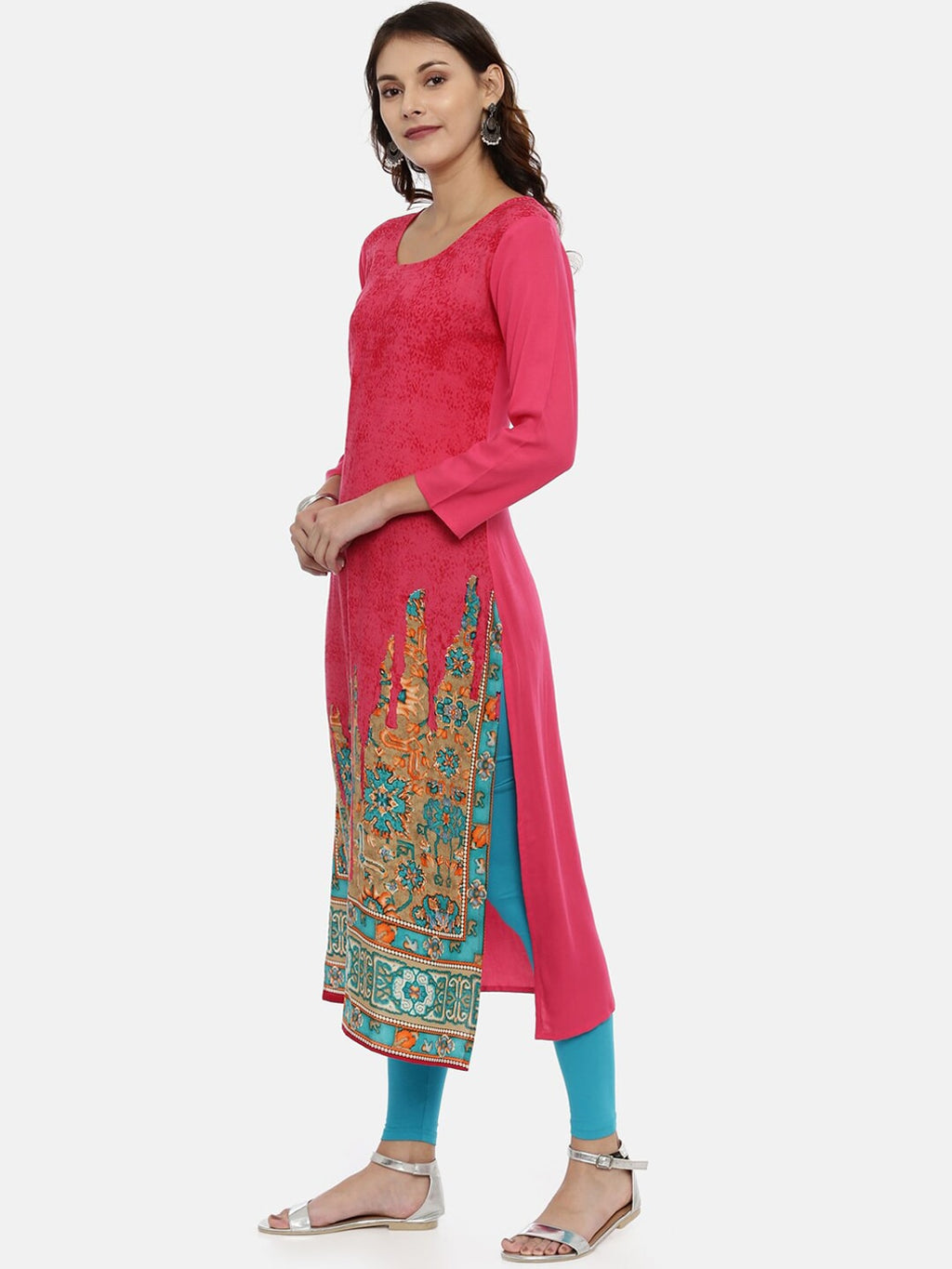 Souchii Pink & Mustard Yellow Printed Straight Kurta | Grocsy