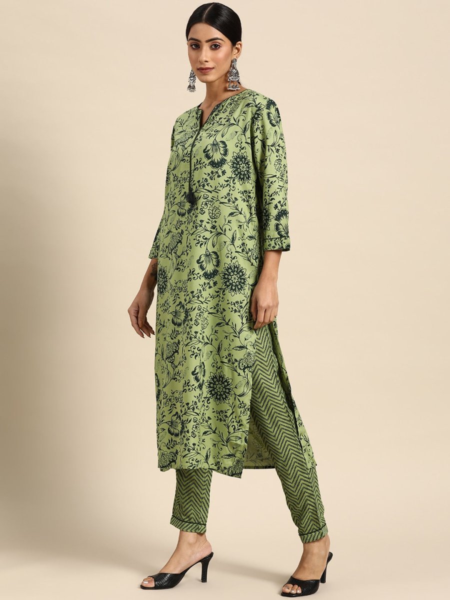 All About You Women Green Ethnic Motifs Printed Kurta with Trousers | Grocsy