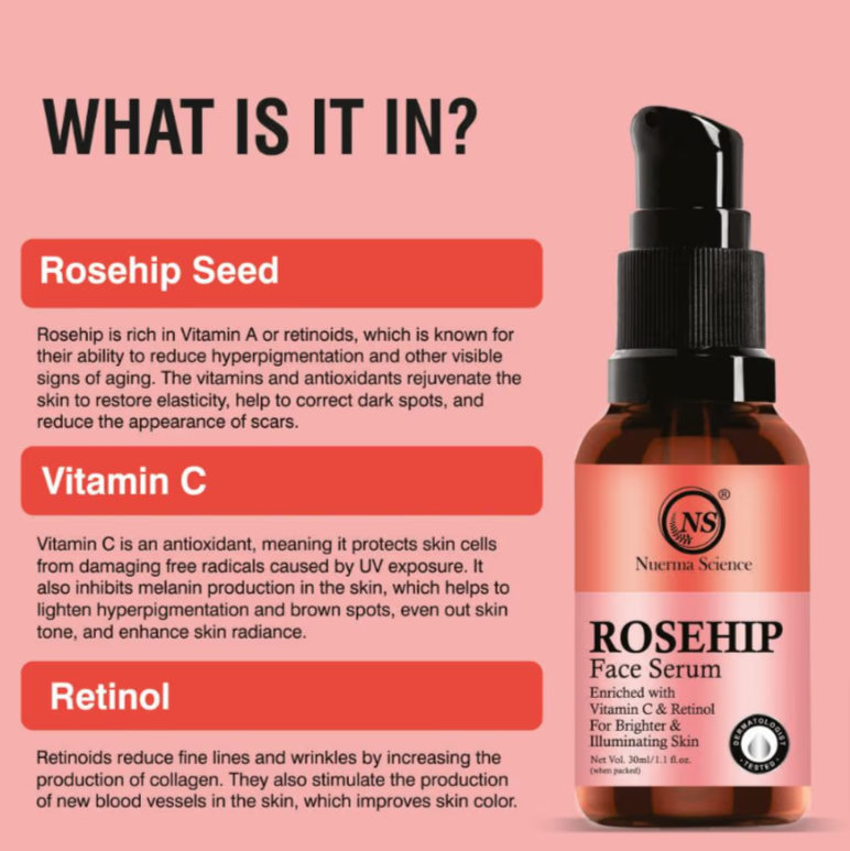 Nuerma Science Rosehip Face Serum | Hydrates, Reduces Scars & Corrects Fine Lines | Grocsy