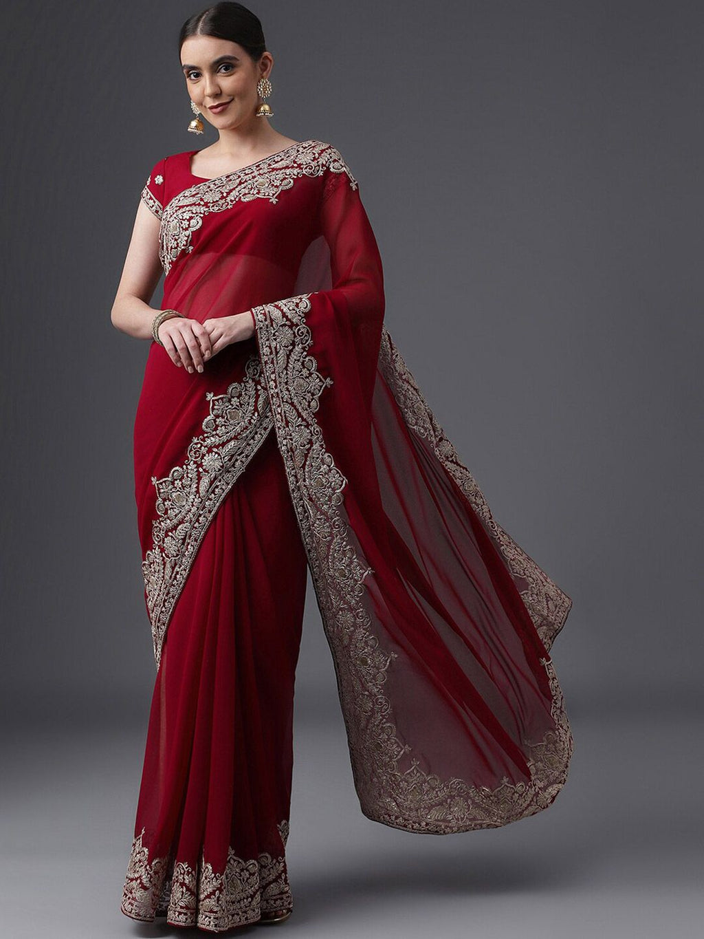 kasee Embroidered Poly Georgette Saree | Grocsy
