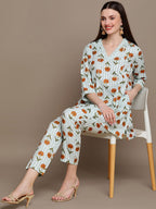 HERE&NOW Floral Printed Lace Inserted V-Neck Kurti with Trousers | Grocsy