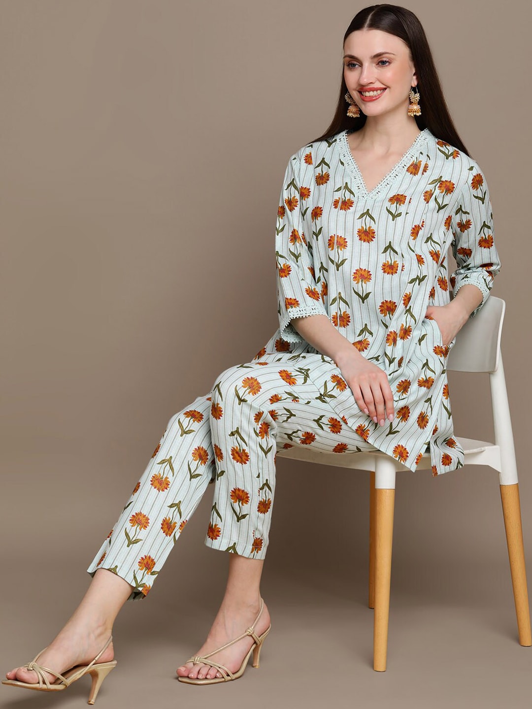 HERE&NOW Floral Printed Lace Inserted V-Neck Kurti with Trousers | Grocsy