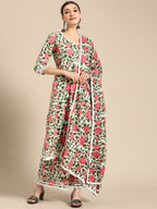Sangria Women Pink Floral Printed Lace Inserts Pure Cotton Kurta with Sharara & Dupatta | Grocsy