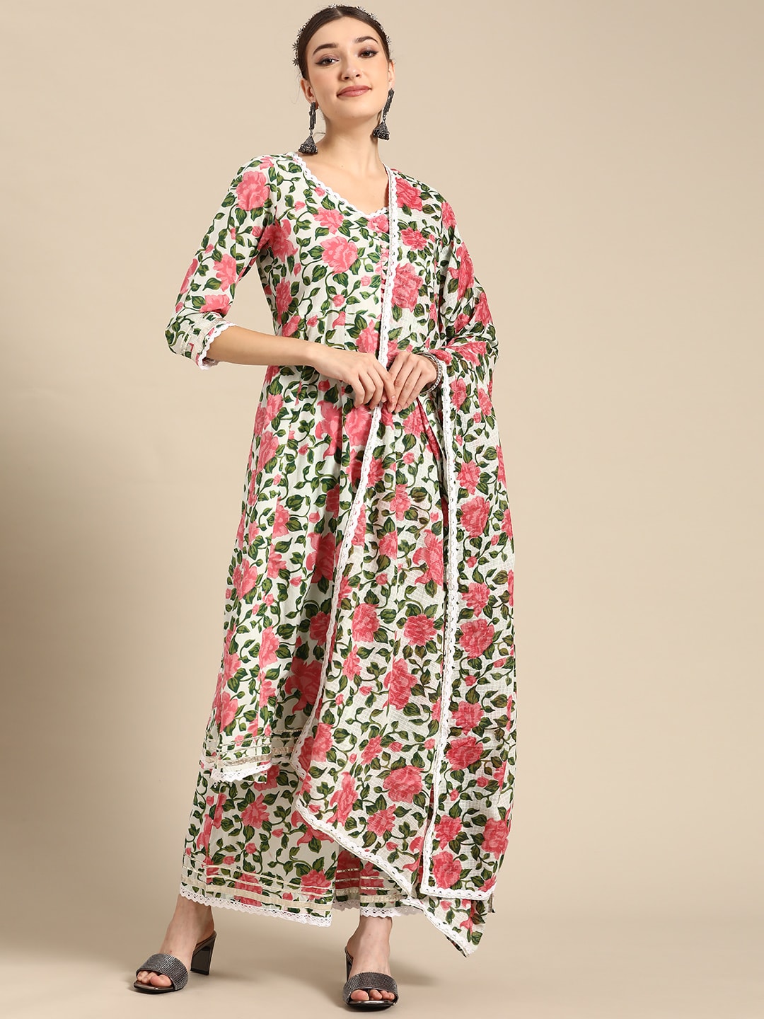Sangria Women Pink Floral Printed Lace Inserts Pure Cotton Kurta with Sharara & Dupatta | Grocsy