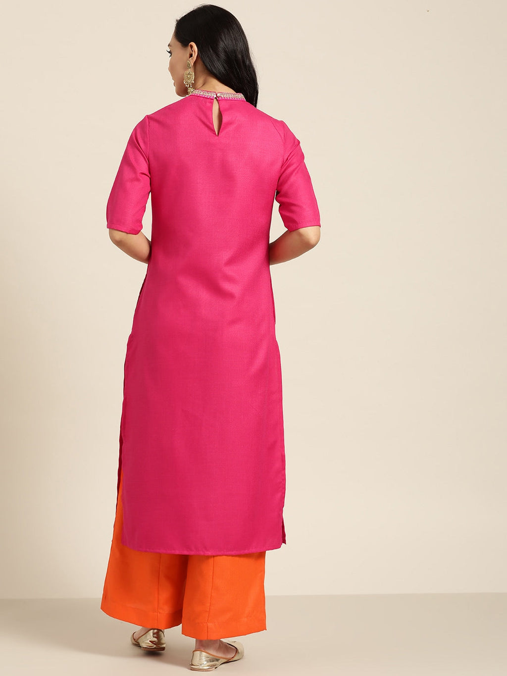 Sangria Women Pink & Orange Solid Thread Work Kurta with Palazzos | Grocsy