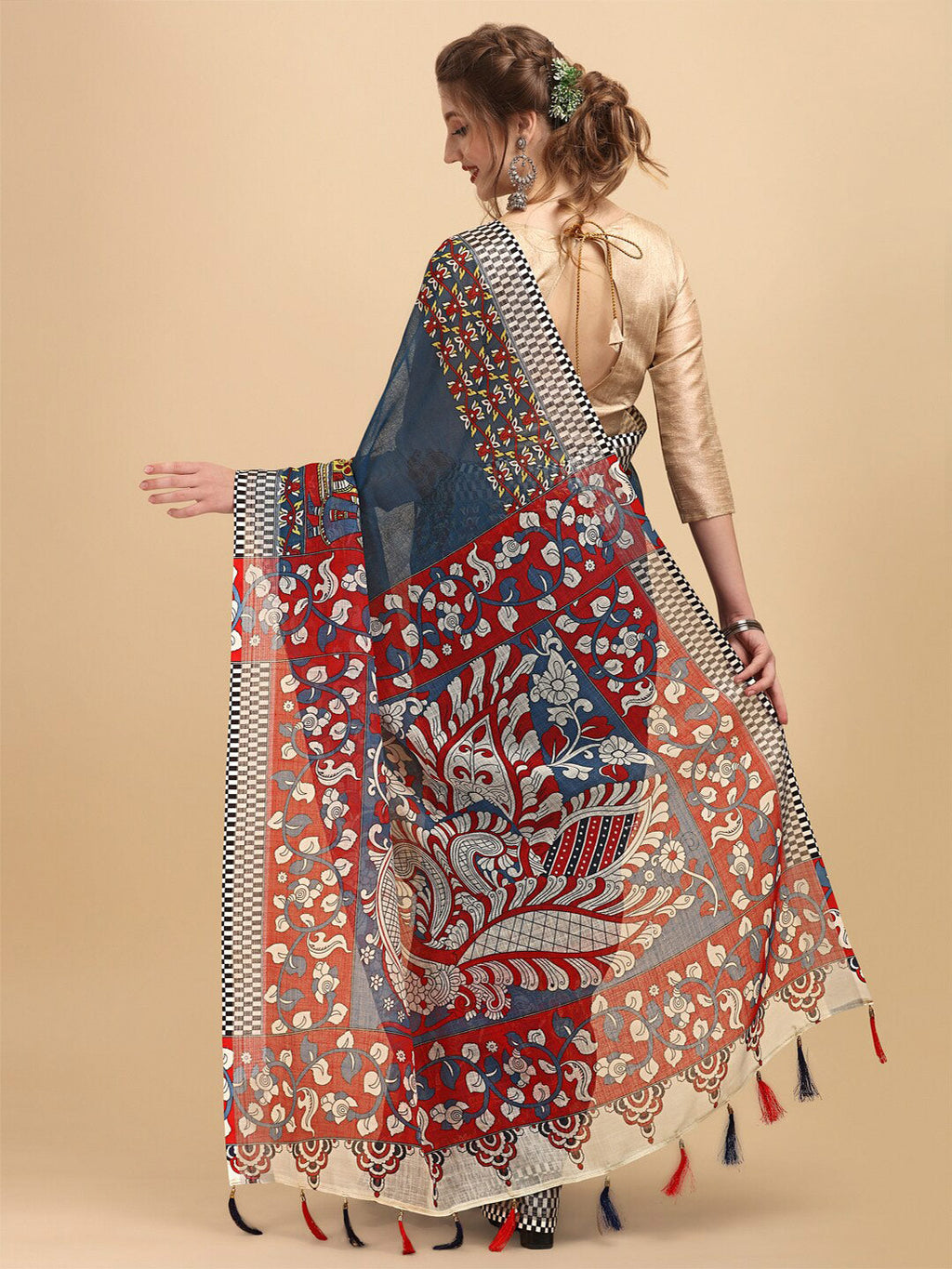 Sangria Ethnic Motif Printed Pure Linen Saree | Grocsy