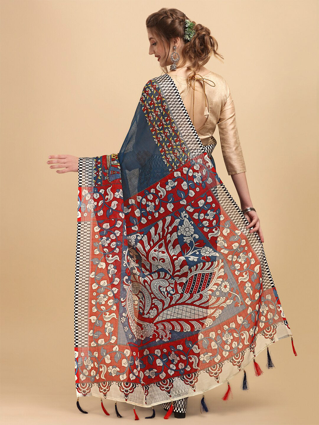 Sangria Ethnic Motif Printed Pure Linen Saree | Grocsy