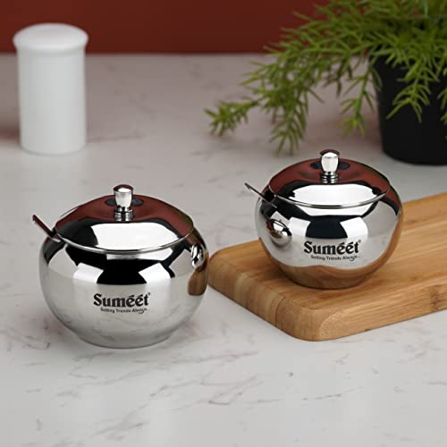 Sumeet Stainless Steel Ghee and Oil Pot, Storage Conrainer with Spoon for Kitchen, 7.5cm & 8.5cm Dia, 170ML & 230ML - Silver (Pack of 2) | Grocsy