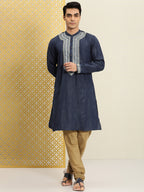 House of Pataudi Men Navy Blue Embroidered Striped Pattern Jashn Kurta | Grocsy