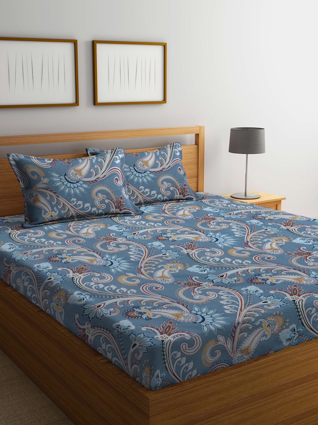 FABINALIV Grey & Brown Etnic Motifs 300 TC Fitted King Bedsheet With 2 Pillow Covers | Grocsy