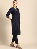 All About You Women Navy Blue Zari Detailed Regular Kurta with Trousers & Dupatta | Grocsy