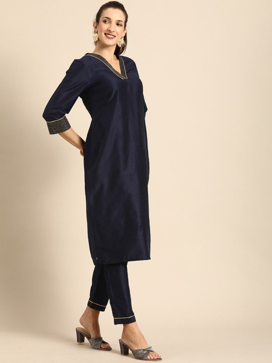 All About You Women Navy Blue Zari Detailed Regular Kurta with Trousers & Dupatta | Grocsy