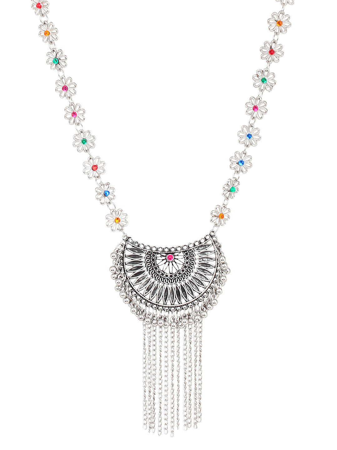 Cardinal Women Silver-Toned Pink & Yellow Stone Studded Jewellery Set | Grocsy