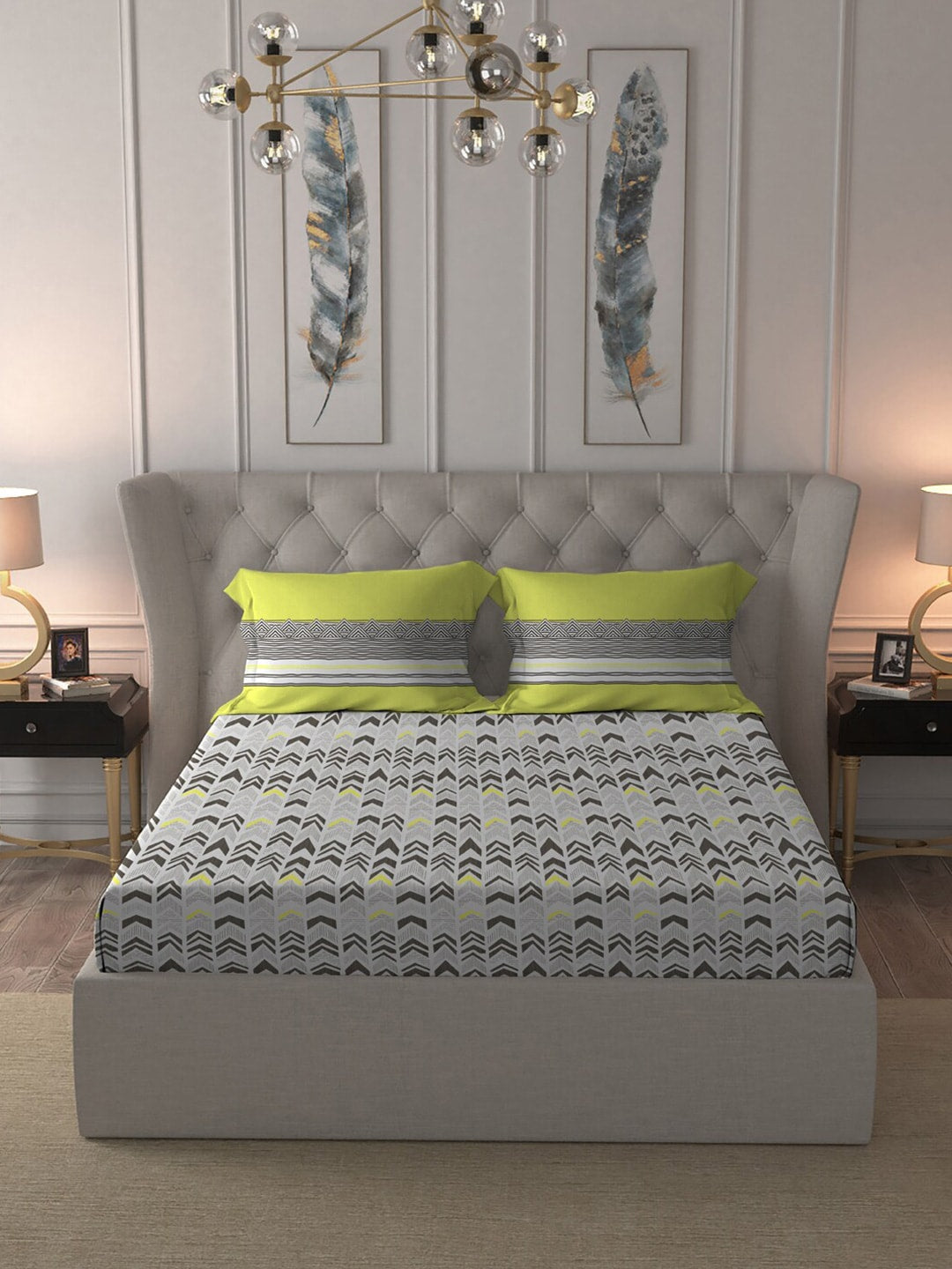 MYTRIDENT Grey Green Geometric Cotton 144 TC Queen Bedsheet With 2 Pillow Covers | Grocsy